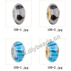 Bead,big-hole beads ,lampworked glass with silver-finished brass grommets,mixed colors and designs,6x12mm-8x14mm rondelle ,4mm spiral hole,sold per pkg of 10ps