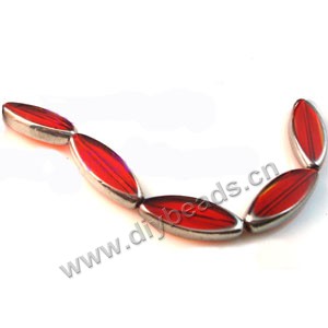 Bead, copper-plated glass, red, 30x12mm flat oval. Sold per pkg of ten 13-inch strand.