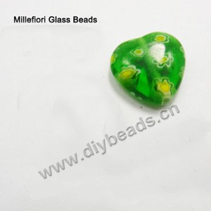 bead,millefiori glass,green/yellow,16x16x4mm flat heart,approximately 23ps/strand 