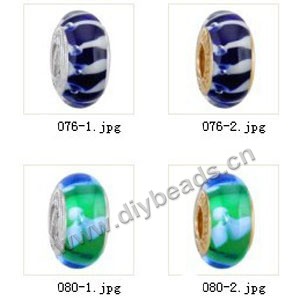Bead,big-hole beads ,lampworked glass with silver-finished brass grommets,mixed colors and designs,6x12mm-8x14mm rondelle ,4mm spiral hole,sold per pkg of 10ps
