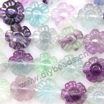 Bead, rainbow fluorite (natural), 14mm carved flower, A grade. Sold per 15-inch strand.