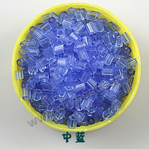 Bugle bead, glass,transparent crystal,medium blue ,#1(2x2mm) beads. Sold per pkg of 80 grams,approximately 4,500ps.