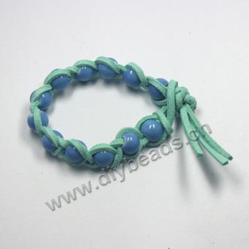 Bracelet, faux suede cord, and porcelain beads braided bracelet, green color, Sold per pkg of 30pcs.