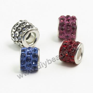 Bead,big-hole bead,alloy,9*10mm tube with cz stone,Sold per pkg of 10ps
