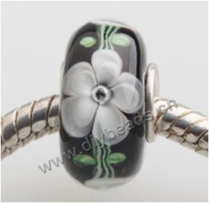 Bead, big-hole beads,Lampworked glass and 925 sterling silvergrommet,black with flower, 14x7mm rondelle with 4.5 mm hole,sold per pkg of 50ps