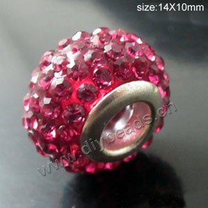 Bead, big-hole beads,pewter ,cherry, 14x10mm rondelle with rhinestone, 5mm hole. Sold per pkg of 10ps