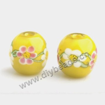 Bead,Japan lampworked glass,yellow with flower, 16x16mm round.mini order 100pc 