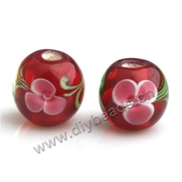 Bead,Japan lampworked glass,red with flower, 10x10mm round.mini order 100pc 