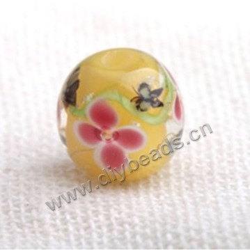 Bead,Japan lampworked glass,yellow with flower, 12x12mm round.mini order 100pc 