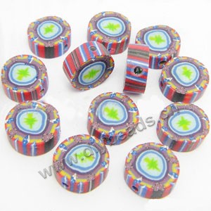 Bead, polymer clay, mixed colors, 10x4mm double-sided flat round with flower. Sold per pkg of 24.