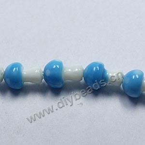 Bead, lampworked glass, blue and white, 10x12mm mushroom with spots. Sold per pkg of 20 beads.