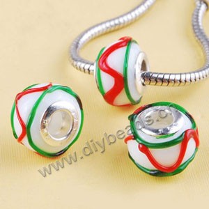 Bead,big-hole beads ,lampworked glass with silver-finished brass ,white/red/green,10x14mm rondelle with bumpy lines and 5mm hole,sold per pkg of 10ps