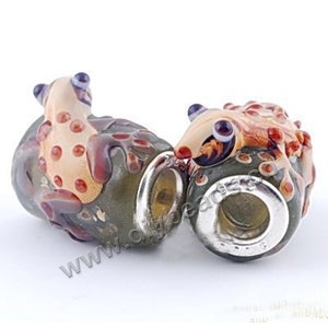 Bead, big-hole beads,lampworked glass and brass grommet, dark honey/ brown, 14x13mm tube with frog and speckles, 4.5mm hole. Sold per pkg of 10