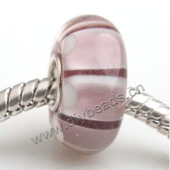 Bead, big-hole beads,Lampworked glass and silver-plated brass grommet,pink with flower,14x7mm rondelle with 4.5 mm hole,sold per pkg of 50ps