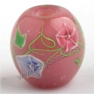 Bead, lampworked glass,pink with flower, 20x20mm round.mini order 50pc 