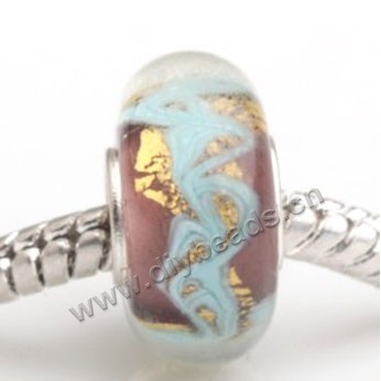 Bead, big-hole beads,Lampworked glass and 925 sterling silver grommet,mixed colors,14x7mm rondelle with 4.5 mm hole,sold per pkg of 50ps