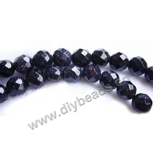 Bead, blue goldstone (manmade), 8mm 64-faceted round. Sold per 16-inch strand