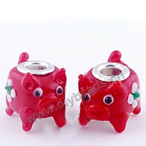Bead, big-hole beads,lampworked glass and brass grommet,red/white/black, 10x14mm rondelle with pig, 4.5mm hole. Sold per pkg of 10