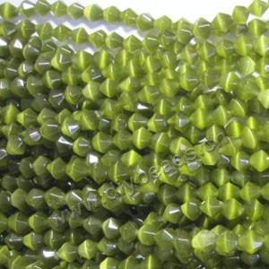 Bead, cat's eye glass,peridot green, 8x8mm bicones, Sold per 14.5-inch strand.