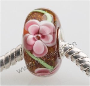 Bead, big-hole beads,Lampworked glass and silver-plated brass grommet,Coffee with flower, 14x7mm rondelle with 4.5 mm hole,sold per pkg of 50ps