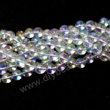 Bead,clear quartz crystal (natural),coated AB , 8mm round . Sold per 16-inch strand