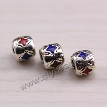 Enamel Bead, 925 Thai silver, drum shape, 6*7mm, 3mm hole, multicolored, Sold per pkg of 1 bag-5 pieces.