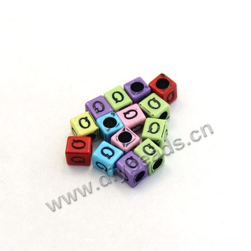 Bead, acrylic,mixed color,alphabet is Q, 6x6mm cube with 3mm drill hole. Sold per pkg of 100ps