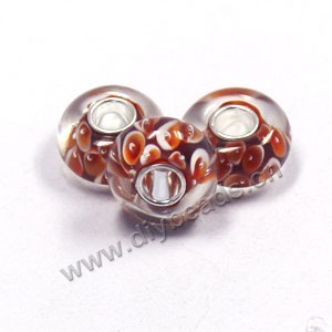 Bead,big-hole beads ,clear with red,lampworked glass with silver-finished brass,14x8m rondelle with flower,mini order 10pcs