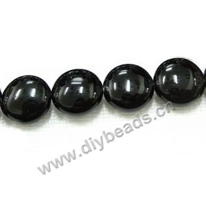 Bead, black agate (dyed), 14mm puffed flat round. Sold per 16-inch strand