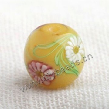 Bead,Japan lampworked glass,yellow with fower, 14x14mm round.mini order 100pc 