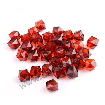 Bead, acrylic, dark red, transparent, 10mm faceted cube. Sold per 100-gram pkg.
