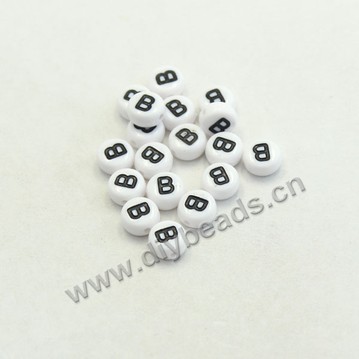 Bead mix, acrylic, white with black alphabet B, 7x4mm double-sided flat round with 1.2mm drill hole. Sold per pkg of 100ps