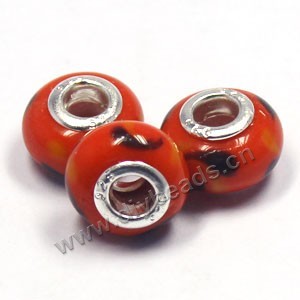 Bead,big-hole beads ,lampworked glass with silver-finished brass,14x9m rondelle ,red, mini order 200pcs
