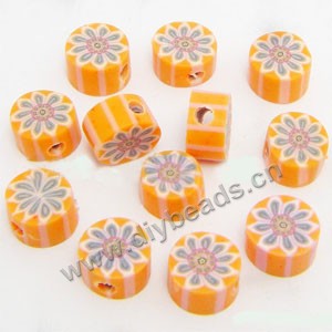 Bead, polymer clay, yellow/blue, 6x4mm double-sided flat round with flower. Sold per pkg of 24.