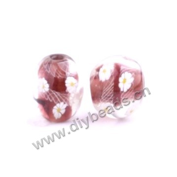 Bead, lampworked glass,brown with flower, 16x16mm round.mini order 50pc 