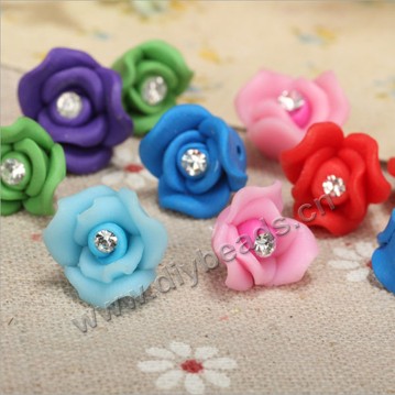 Bead, polymer clay,mixed color with rhinestone ,13x8mm flower. Sold per pkg of 5.
