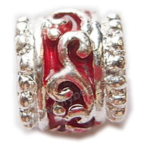 Bead, big-hole beads,silver-plated pewter and enameled , red, 13.5x11.5mm drum with swirls, and 5mm hole. Sold per pkg of 10ps