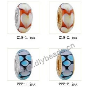 Bead,big-hole beads ,lampworked glass with silver-finished brass grommets,mixed colors and designs,6x12mm-8x14mm rondelle ,4mm spiral hole,sold per pkg of 4ps