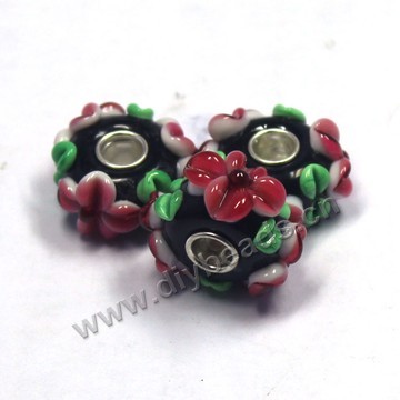 Bead,big-hole beads ,lampworked glass with silver-finished brass,16x10m rondelle,red,mini order 50pcs