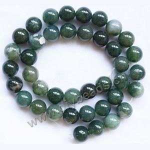 Bead, moss agate (natural), 10mm round. Sold per 15-inch strand.