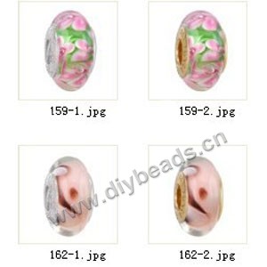 Bead,big-hole beads ,lampworked glass with silver-finished brass grommets,mixed colors and designs,6x12mm-8x14mm rondelle ,4mm spiral hole,sold per pkg of 4ps