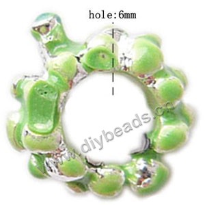 Charm, big-hole beads,silver-plated pewter and enameled ,green , 13x12mm beaded rondelle, 6mm hole. Sold per pkg of 10ps