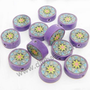 Bead, polymer clay, purple/yellow, 10x4mm double-sided flat round with flower. Sold per pkg of 24.