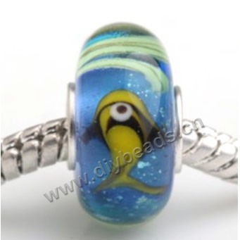 Bead, big-hole beads,Lampworked glass and 925 sterling silver grommet,blue with fish, 14x7mm rondelle with 4.5 mm hole,sold per pkg of 50ps