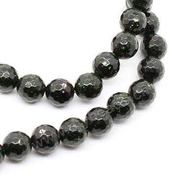 Bead, synthetic green goldstone, 10mm faceted round. Sold per 1 bag-(2 strands)