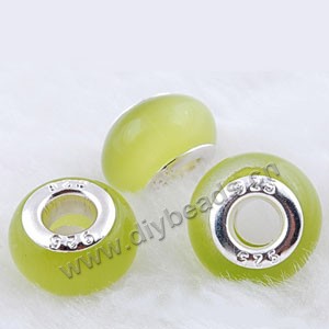 Bead,big-hole beads ,cat's eye glass and brass grommets,lime green,9x14mm rondelle with 5mm hole,sold per pkg of 10ps