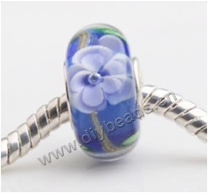 Bead, big-hole beads,Lampworked glass and silver-plated brass grommet,purple with flower, 14x7mm rondelle with 4.5 mm hole,sold per pkg of 50ps