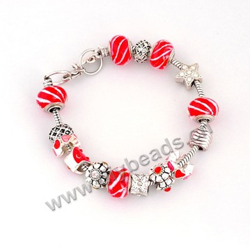 Bracelet,alloy and lampwork glass,red ,large hole beads,Sold per package of 1 piece