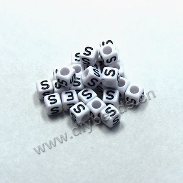 Bead, acrylic,White,alphabet is S, 6x6mm cube with 3.5mm drill hole. Sold per pkg of 100ps