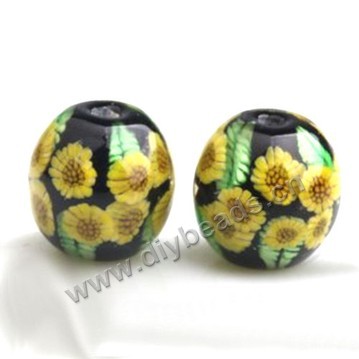 Bead,Japan lampworked glass,yellow with flower, 16x16mm round.mini order 100pc 